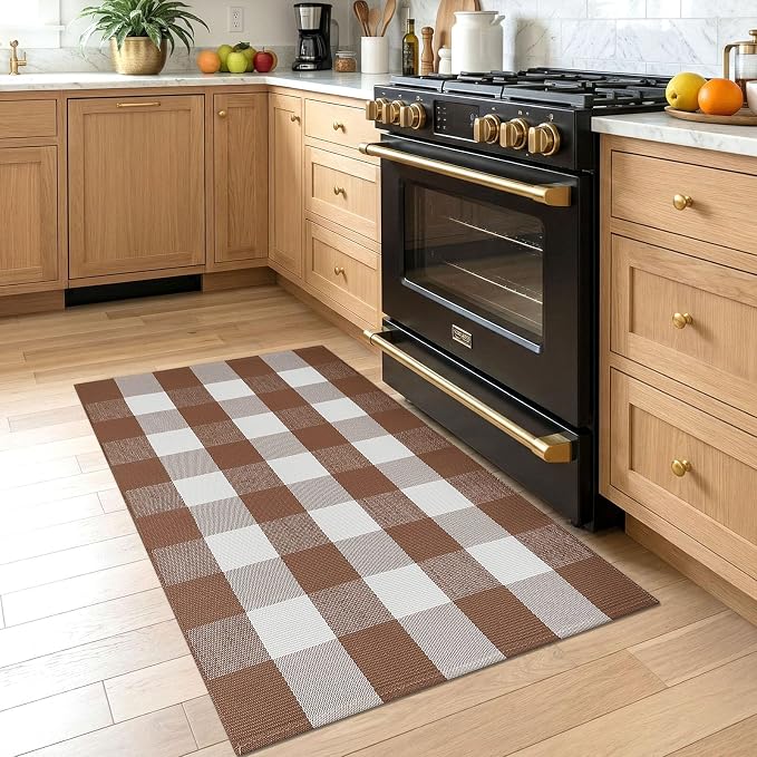 KOZYFLY Buffalo Plaid Area Rugs 2.3x3.6 Ft Front Door Mat, Brown and White | Washable Front Door Rug, Woven Cotton Outdoor Rug, Indoor Small Rug for Front Porch Kitchen Entryway, Checkered Welcome Mat