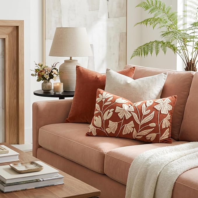 BlissBlush Lumbar Pillow Cover 12x20 Inch, Rust Terracotta Floral Tufted Velvet Decorative Accent Pillow Case for Sofa Bed Living Room, Cover Only