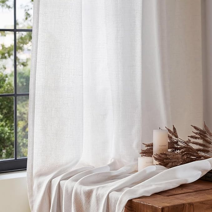 jinchan Linen Curtains Light Filtering Back Tab 84x108 Inch 1 Panel White | Semi Sheer Curtains 108 inch length for Bedroom Living Room, Modern Farmhouse Drapes with Rod Pocket, Natural Boho Curtains