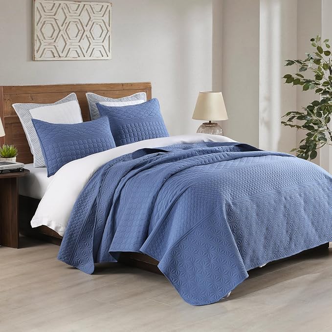 HORIMOTE HOME Denim Blue Queen Size Quilt Set - Soft Microfiber Bedspread with 2 Shams, Lightweight & All-Season Geometric Coverlet for Cozy Bedding