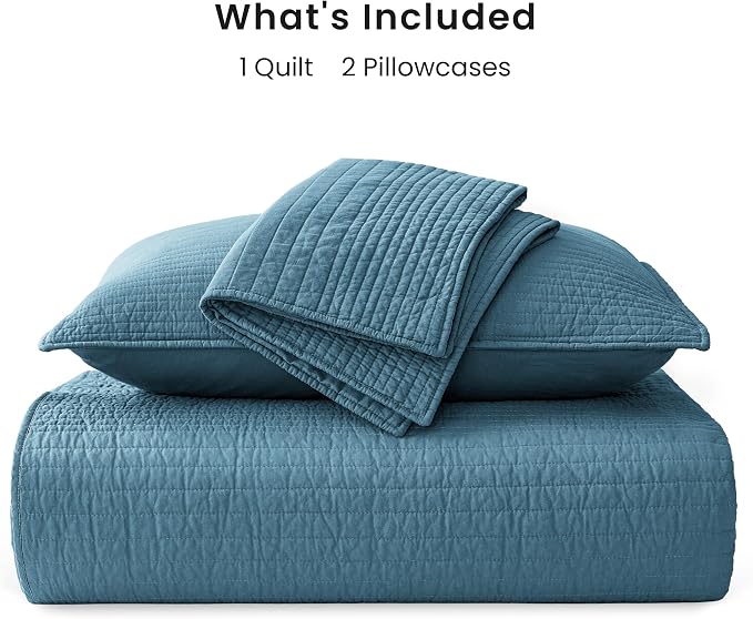 Love's cabin King Size Cotton Quilt Set, 100% Cotton Fabric Striped Textured Coverlet with Crinkled Look, Lightweight Quilted Bedspread for All Season, Includes 2 Pillow Shams, Misty Blue