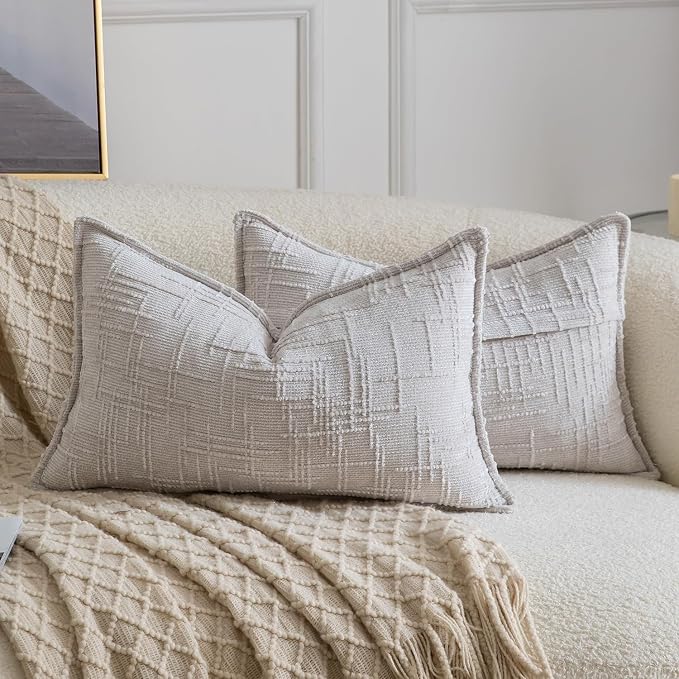 MADIZZ Pack of 2 Chenille Throw Pillow Covers 12x20 Inch Light Grey Soft Neutral Decorative Throw Pillows for Couch Sofa Boho Accent Cushion Covers Modern Farmhouse Home Decor for Bedroom Living Room