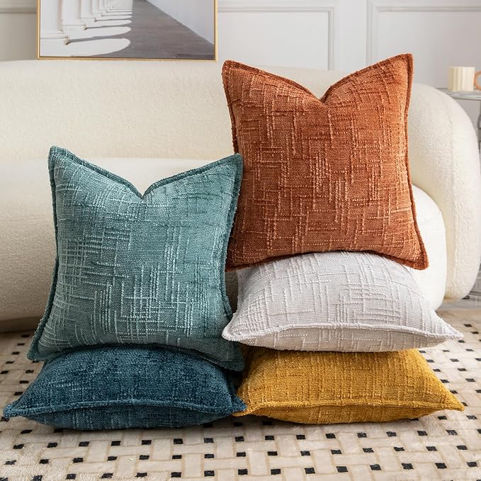 MADIZZ Pack of 2 Chenille Throw Pillow Covers 16x16 Inch Teal Soft Neutral Decorative Throw Pillows for Couch Sofa Boho Accent Cushion Covers Modern Farmhouse Home Decor for Bedroom Living Room