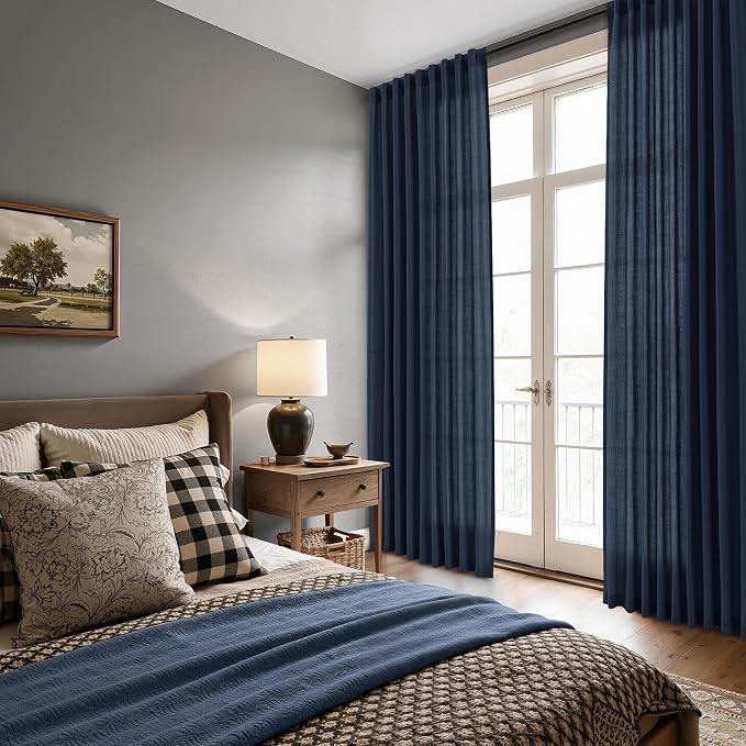 Linen Curtains 63 Inches Long for Living Room Semi Sheer Light Filtering Curtain Back Tab Rod Pocket Neutral Boho Modern Farmhouse Decor Window Drapes for Bedroom 52x63 2 Panels Navy Blue