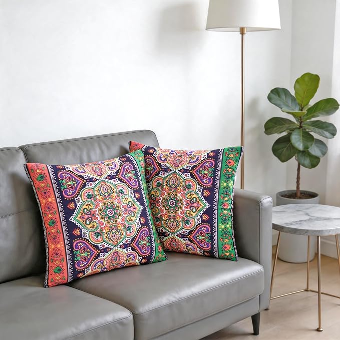 Ethnic Floral Pillow Covers 18x18 Set of 2 Boho Mandala Throw Pillows for Couch Vibrant Polyester Decorative Cushion Cases for Bedroom Living Room Patio Outdoor