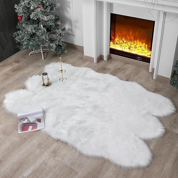 linmopm Faux Fur Sheepskin Rug, White, 4x6 ft | Shag Fluffy Fuzzy, High-Density Cushion, For Bedroom Bedside Living Room, Plush Carpet, Sofa Cover