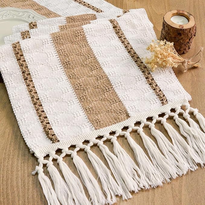 FEXIA Boho Table Runner with Tassels 12x48 Inch for Fall Home Decor | 48 Inches Long Pottery Barn Furniture Farmhouse Rustic Macrame Burlap Table Decoration for Living Room Kitchen Baby Shower