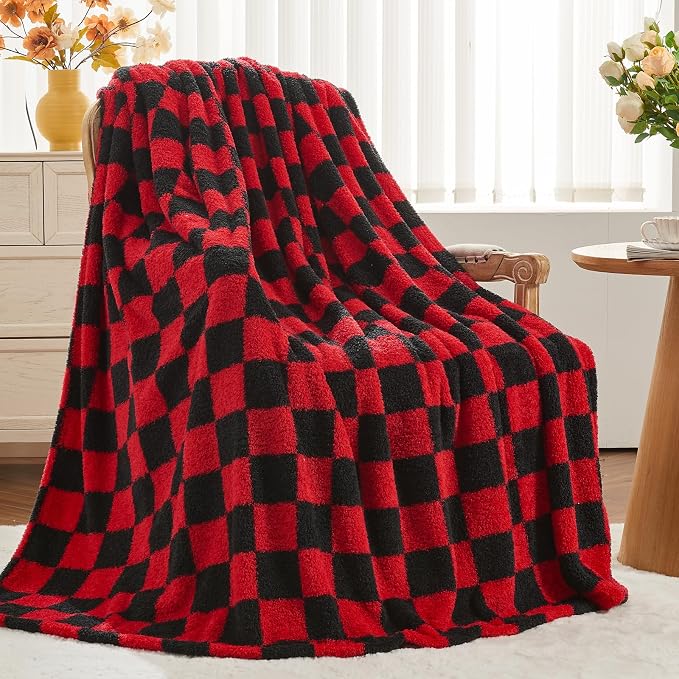NEWCOSPLAY Knitted Throw Blanket for Couch Sofa Bed, Red Black, 50"x60" | Super Soft Plush, Fuzzy Fluffy Microfiber, Lightweight Cozy Blanket for Room Decor, All Season Use