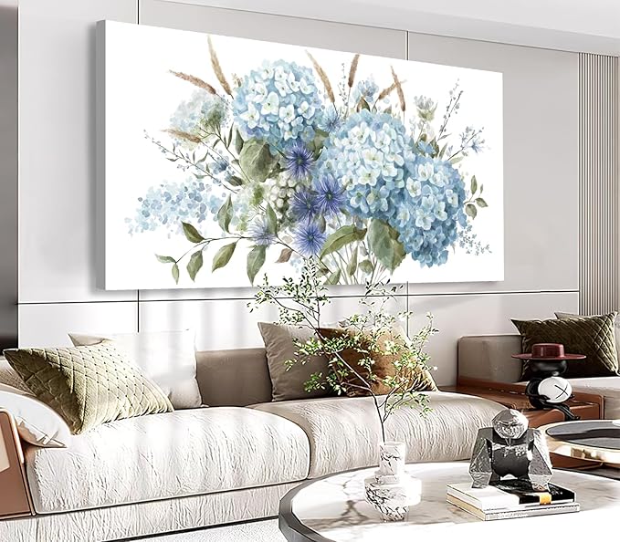 VEAEE Blue Hydrangea Botanical Canvas Prints Painting Abstract Artwork 20"x 40" Living Room Wall Decor