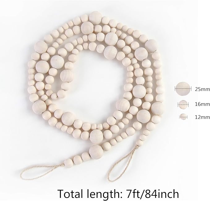 7ft Christmas Wooden Beads Garlands, Wood Color, Farmhouse Boho Home Decor