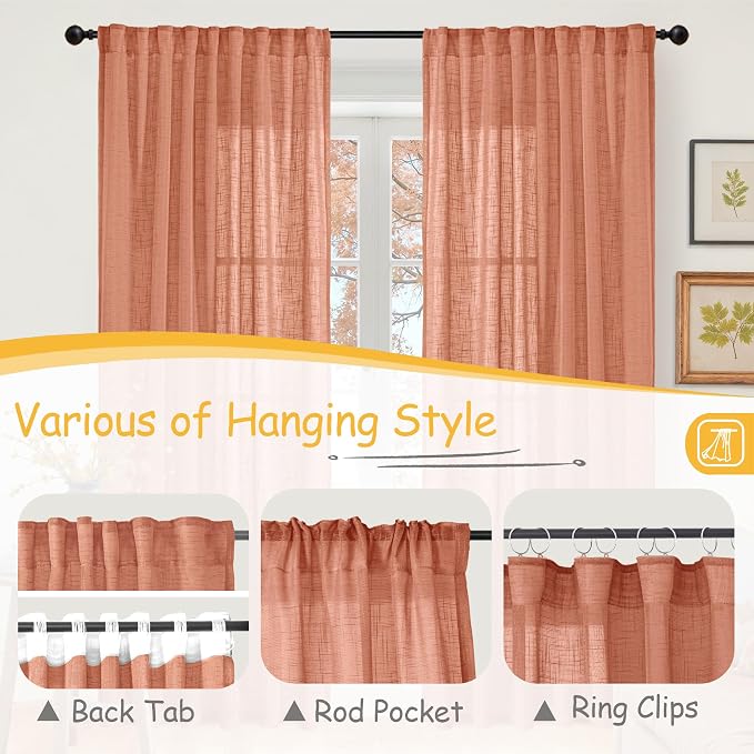 YoungsTex Burnt Orange Linen Semi Sheer Curtains 42 X 45 Inch Long | Short Drapes with Rod Pocket Back Tab Rustic Lightweight Fall Decor for Bathroom Living Room Window, 2 Panels, 42 X 45 Inch