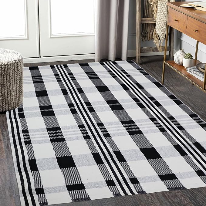 Fall Décor Plaid Rug, 4' x 6' Black&White Check Indoor/Outdoor Area Rug, Layering Rug for Hello/Welcome Door Mat, Machine Washable Cotton Woven Rugs for Farmhouse Front Porch, Entryway