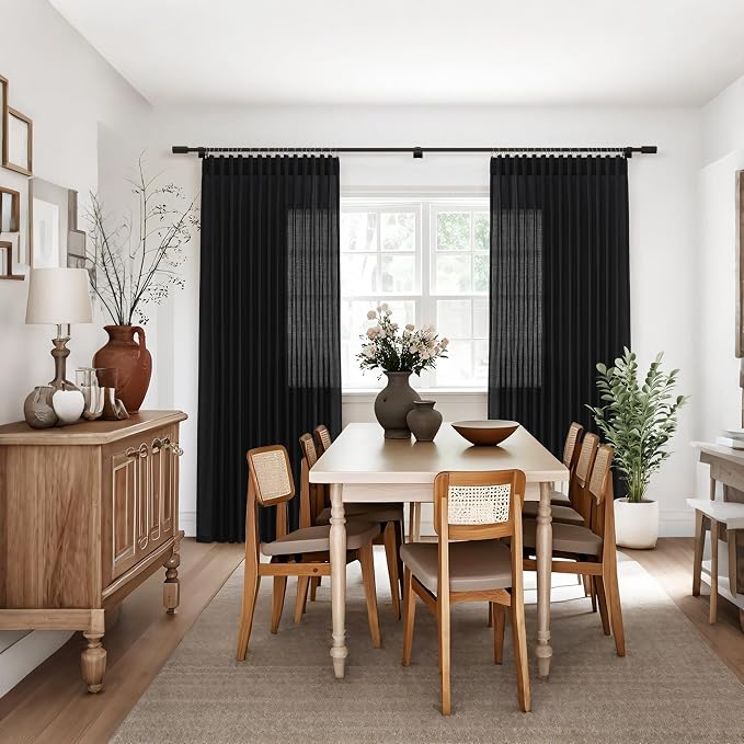 Jowels Black Linen Curtains 108 Inch Long 2 Panels for Living Room | Light Filtering Semi Sheer Curtain, Back Tab Pocket Pleated Look, Boho Farmhouse Textured Privacy Drapes for Bedroom Window