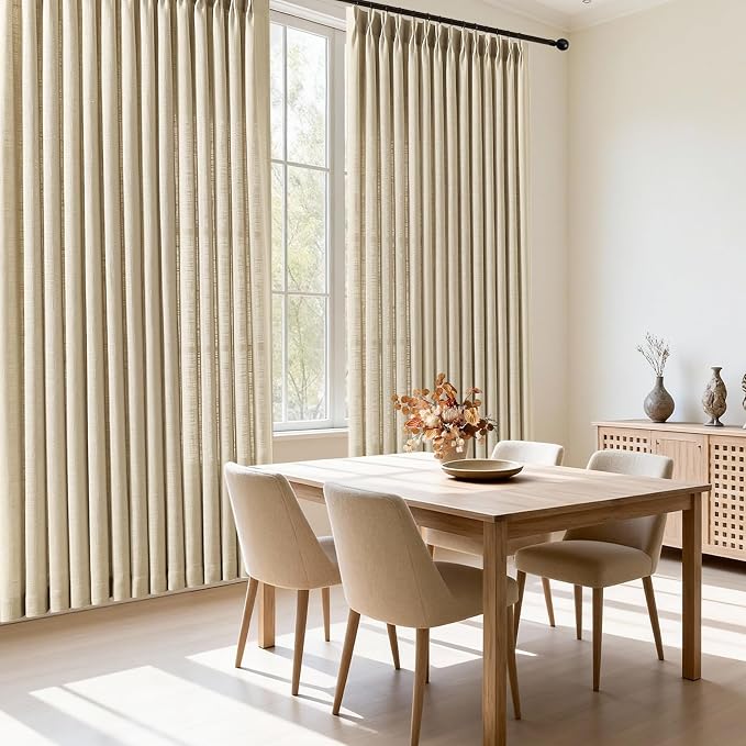 Pinch Pleated Linen Blend Light Filtering Sheer Curtains for Sliding Door | Living Room, Semi Sheer, Pinch Pleat, Hook Rings, Large Window Drapes, Extra Wide, Soft, Thick, 70Wx96L, Sand Beige, 1 Panel