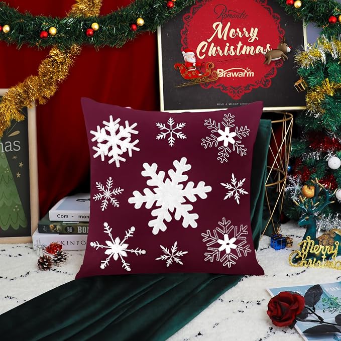 BRAWARM Christmas Pillow Cover 20 X 20 Inches, Burgundy Snowflake Embroidered Pillow Cover, Soft Velvet Decorative Throw Pillow for Couch Bed Sofa Living Room Home