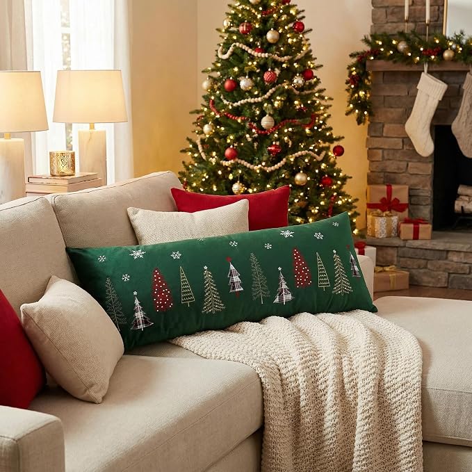 Christmas Embroidery Throw Pillow Covers 14 x 36 inch Christmas Dec Velvet Pillowcases Forest Green Xmas Tree Cushion Pillow Cases Soft Lumbar Holiday Pillowcase(1 Piece)