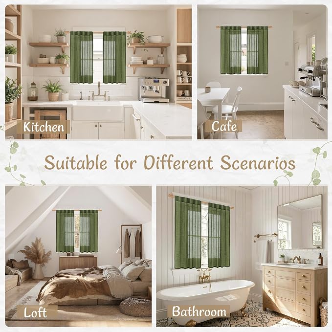 Semi Sheer Linen Curtains 48 Inch Length 2 Panels Set, Olive Green | Short Kitchen Curtains, Light Filtering Panels, Window Drapes for Bathroom, Small Windows, Back Tab Rod Pocket, 34 x 48 Inch