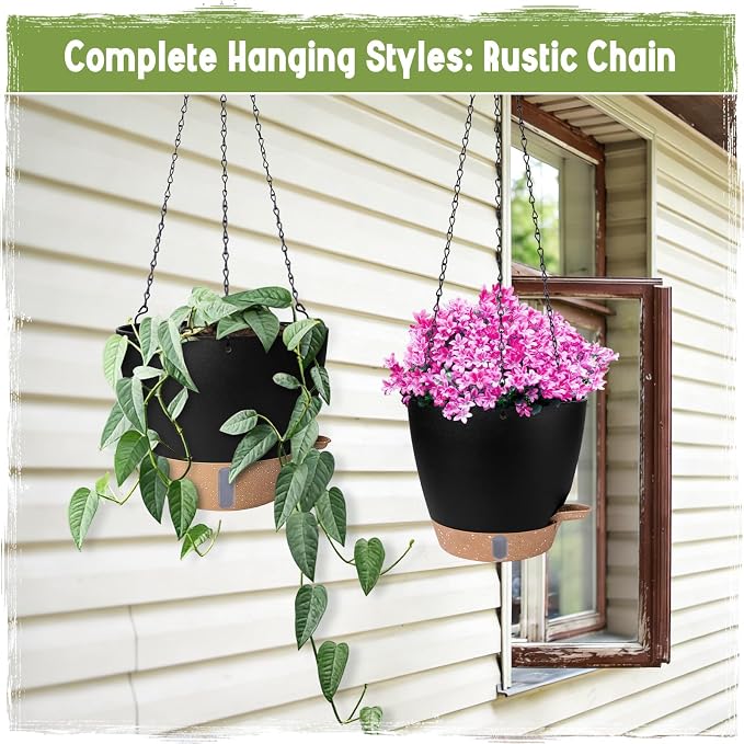 Self-Watering Hanging Planters with Water Level Window, 8/10 Inch Indoor Outdoor Hanging Plant Pots Includes Chain Hangers with Drainage Holes & Detachable Reservoir (Black, 8+10 inch)