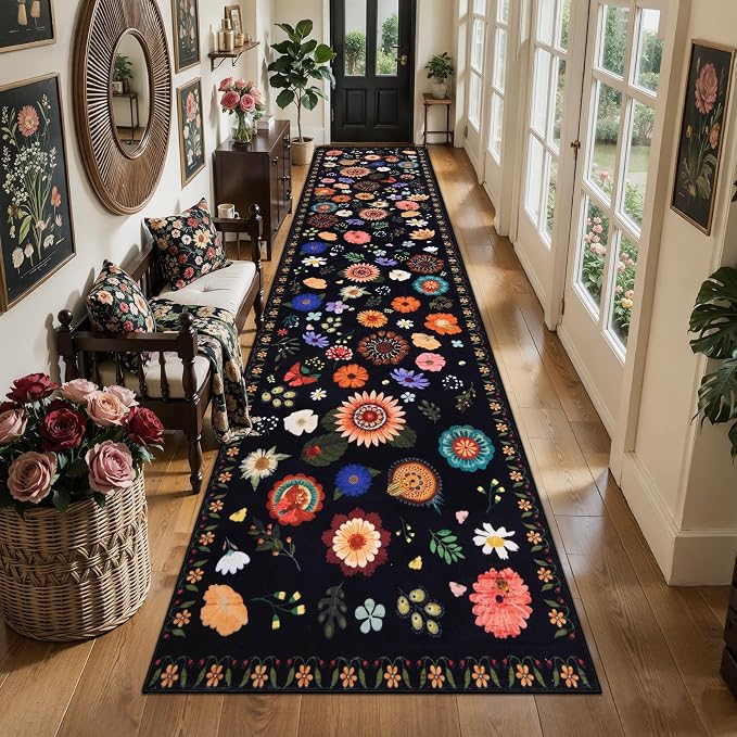 Ciicool 2x10 Hallway Runner Rug Non Slip Floral Washable Long Kitchen Rugs | Low Pile Soft Boho Indoor Carpet for Entrance Laundry Bedroom Living Room