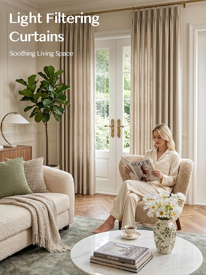 Liz Pinch Pleated Linen Curtains Light Filtering Curtains for Living Room, Farmhouse Window Curtains for Bedroom, Modern Drapes with Hooks and Rings, 95 Inches Long, Burlywood Birch, 2 Panels Set