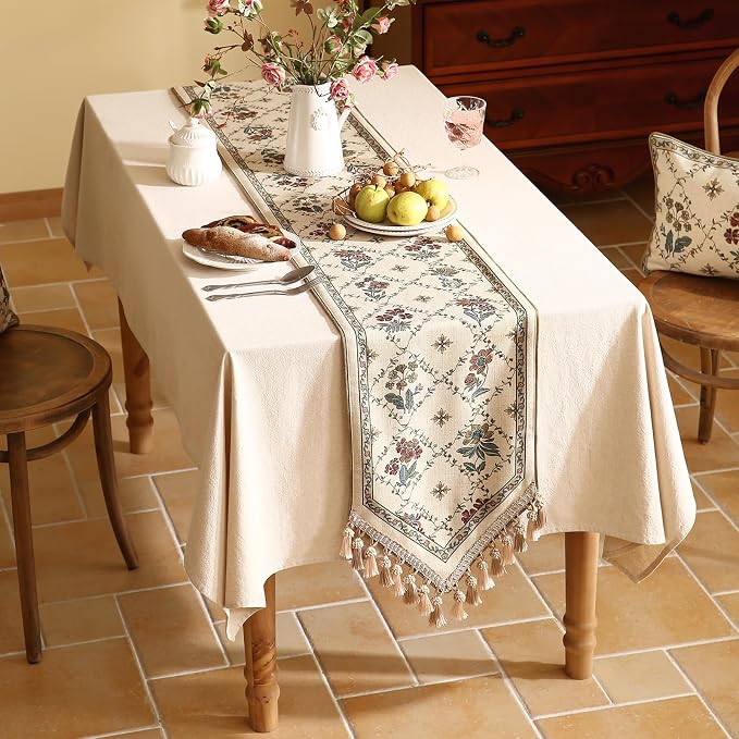 Patdrea Designer French Elegant Linen Table Runner,12"X118"-Audrey A | Vintage Tablerunner 118 Inches Long,Floral Pattern with Tassel Edge,Decorative Runner for Dining Room Living Room