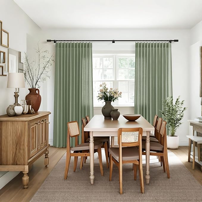 Jowels Light Sage Green Linen Curtains 96 Inch 2 Panels for Living Room | Light Filtering Semi Sheer Curtain, Back Tab Pocket Pleated Look, Boho Farmhouse Textured Privacy Drapes for Bedroom Window