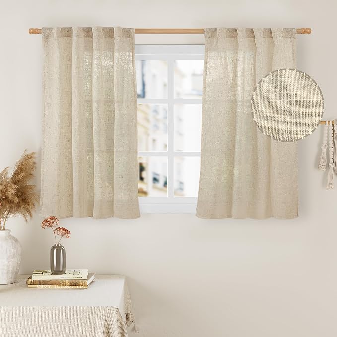 Linen Curtains 40 Inch Length 2 Panels, Light Filtering Panels | Semi Sheer, Light Filtering Panels, Neutral Drapes for Basement, Window, Loft Room, Rod Pocket Back Tab, 34 x 40 Inch
