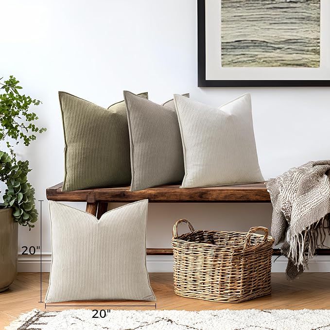 Pack of 4 Throw Pillow Covers Corduroy 20x20 Inch,Natural | Decorative Velvet Couch,Summer Cases Square,Farmhouse Boho Cushion Covers for Sofa Bed Living Room Home Decor & Office