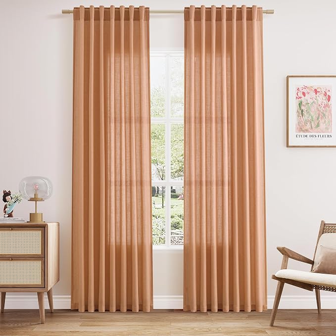 Peach Quartz Curtains 84 Inch Long 2 Panels Set Back Tab Rod Pocket Linen Blend Light Filtering Semi Sheer Boho Style Curtain Textured Curtain for Cozy Bedroom and Living Room Decor 52x84