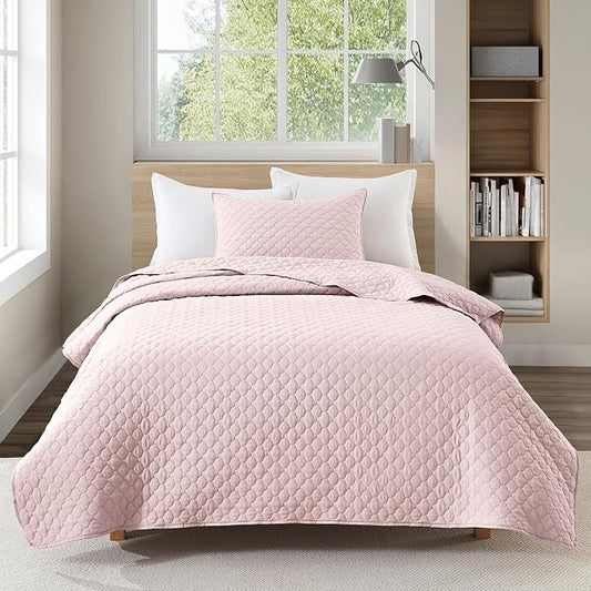 HORIMOTE HOME Quilt Twin Size Light Pink, Lightweight Quilt for Summer Ultra-Soft Microfiber Modern Style Quilted Clouds Pattern Bedspread Quit Set 2 Pieces (1 Quilt and 1 Pillow Sham)