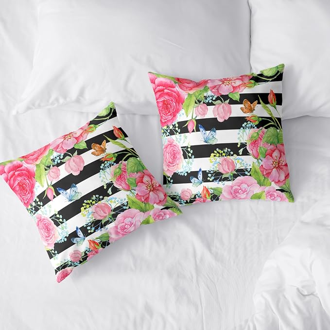 Spring Summer Pillow Covers 24x24 Set of 2 Rose Throw Pillow Covers Butterfly Flowers Pillow Case Black Stripes Cotton Blend Cushion Case for Home Decor Couch Sofa
