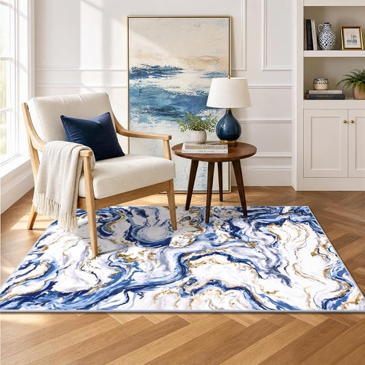 Yamaziot 3x5 Washable Modern Abstract Area Rug Non-Slip Entryway Rug | Stain Resistant Kitchen Rug with Rubber Backing, Low Pile, Ultra Soft Carpet Runner for Bedroom, Laundry, Entrance,Blue