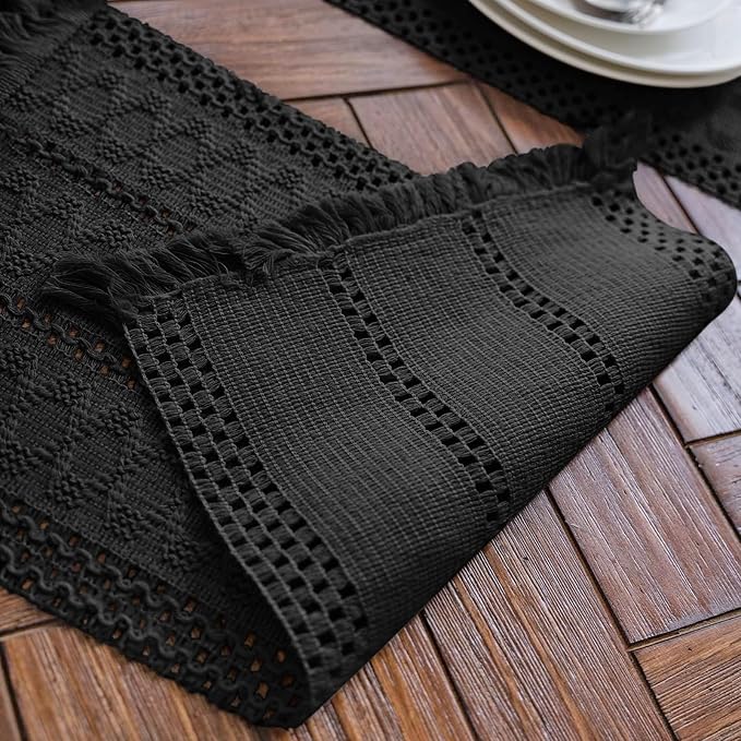Macrame Table Runner Pure Black Boho Table Runners with Tassels 12x108in | Alynsehom Hand Woven Cotton Table Runner Rustic Farmhouse Table Runners for Bohemian Kitchen Dining Table