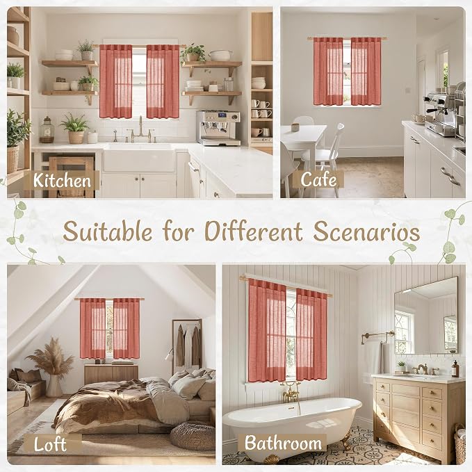 Terracotta Semi Sheer Linen Curtains 54 Inch Length 2 Panels | Light Filtering Bedroom Curtains, Rustic Fall Decor, Drapes for Living Room, Windows, Back Tab Rod Pocket, 34 x 54 Inch