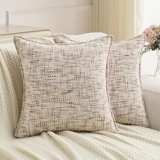 FUTEI Pack of 2 Chenille Tweed Vintage Throw Pillow Covers 16x16 Inch Soft Decorative Cushion Case Modern Farmhouse Accent for Couch Bed Living Room, Beige Brown