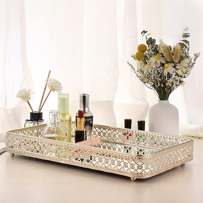 ELLDOO Gold Mirror Glass Perfume & Makeup Vanity Tray, Large Size