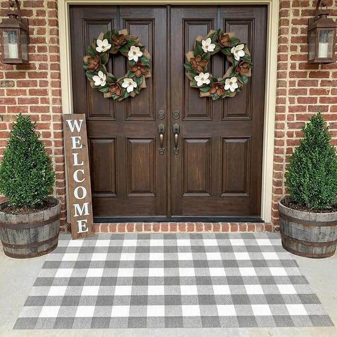 Buffalo Plaid Outdoor Rug 4x6 Ft Gray and White Checkered Area Rug Washable Indoor Outdoor Rugs for Entryway,Hallway, Kitchen, Living Room, Dining Room, Bedroom