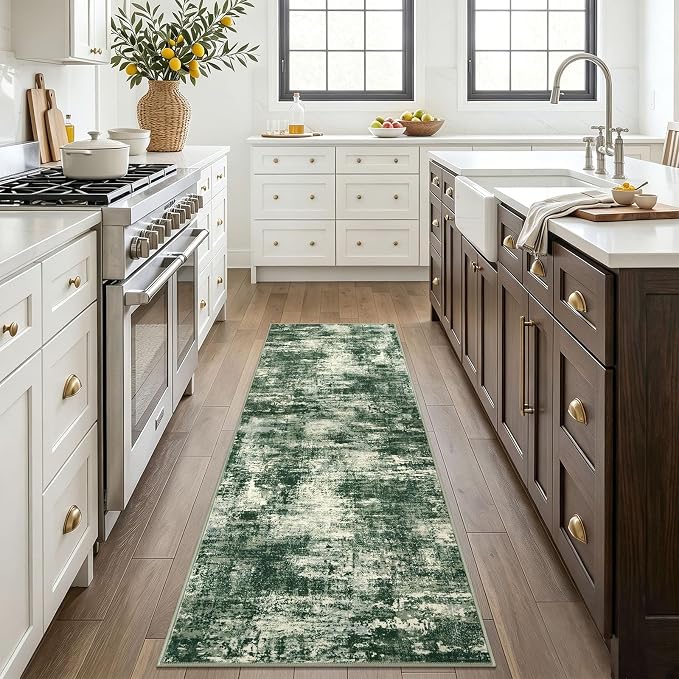 Lansny Abstract Washable 2x6 Hallway Runner Rug Non Slip Kitchen Runner | Green;Thin Printed Faux Wool Rug Runners;Entryway Runner Indoor;Rubber Backed 6ft Carpet Runners for Hall;Bedroom Runner