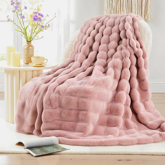 NEXHOME PRO Faux Fur Throw Blanket Pink, Luxury Soft Decorative Cozy Plush Long Shaggy Fluffy Blanket for Sofa Couch Bed Living Room, Reversible Puffy Thick Warm Blanket for Winter, 50"X60"
