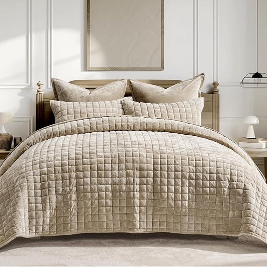 RECYCO Channel Box Stitch Velvet Quilt Set, King Size, Urban Taupe | Ultra Soft Lightweight Velvet Comforter, Luxury Oversized Bedspread Coverlet, Quilted Bedding Set for All Season with 2 Shams