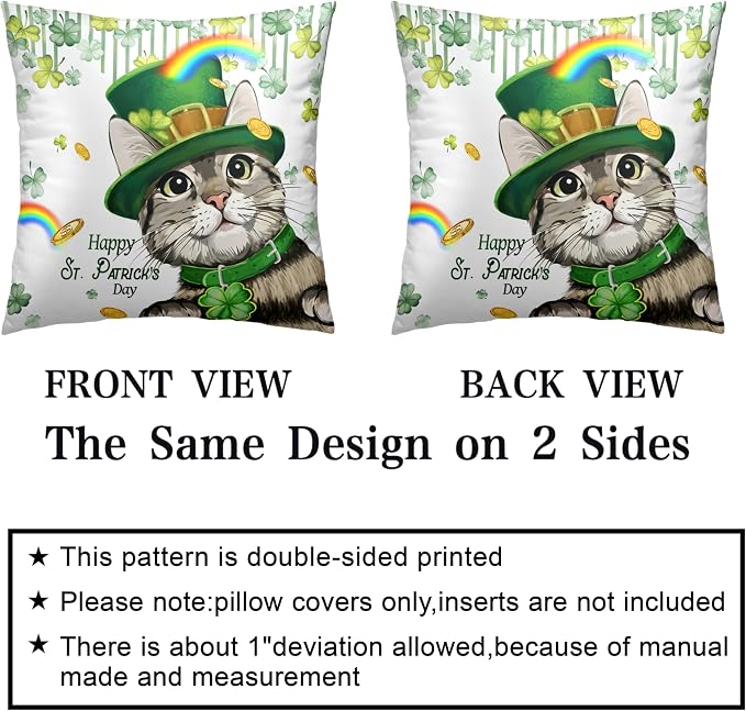 Happy St Patricks Day Pillows Covers 16x16 Pack of 2 Lucky Cat Clover Pillow Covers Rainbow Gold Coin Shamrock Decorative Pillow Cases Cushion Case for Living Room Couch Sofa