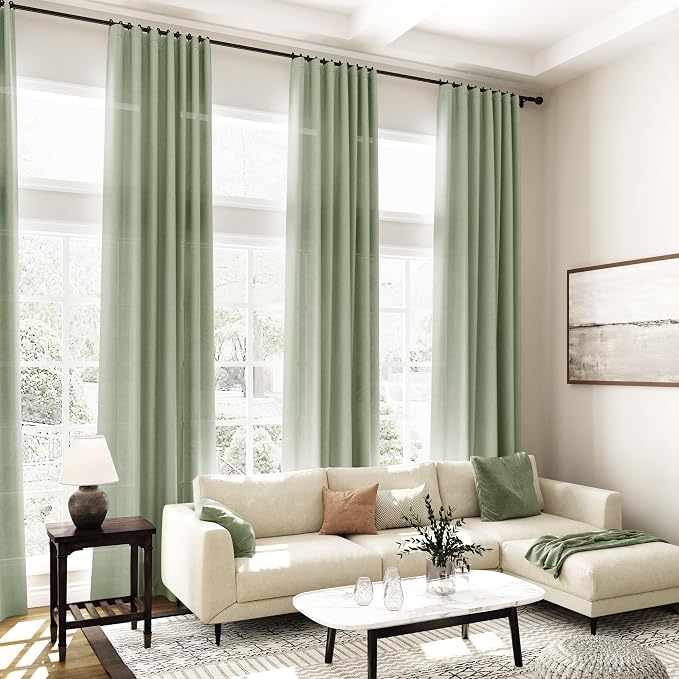 Light Sage Linen Curtains 90 Inch Long 2 Panels Set for Bedroom Living Room Light Sage Linen Textured Window Drapes Semi Sheer Light Filtering Rod Pocket Back Tab Farmhouse Curtain 52x90