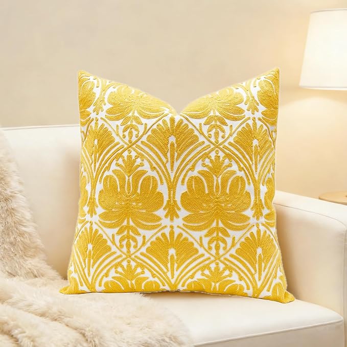 Slow Cow Yellow Canvas Embroidery Decorative Throw Pillow Cover Cushion Cover for Couch Sofa 18 x 18 Inches