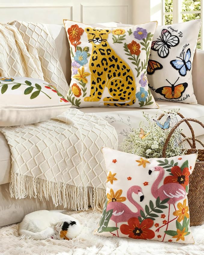 Embroidered Throw Pillow Cover 18x18 Inch - Summer Boho Decorative Animal Pillow Covers with Zipper for Couch Sofa Bedroom Living Room Farmhouse Cushion Pillowcase, Leopard Floral