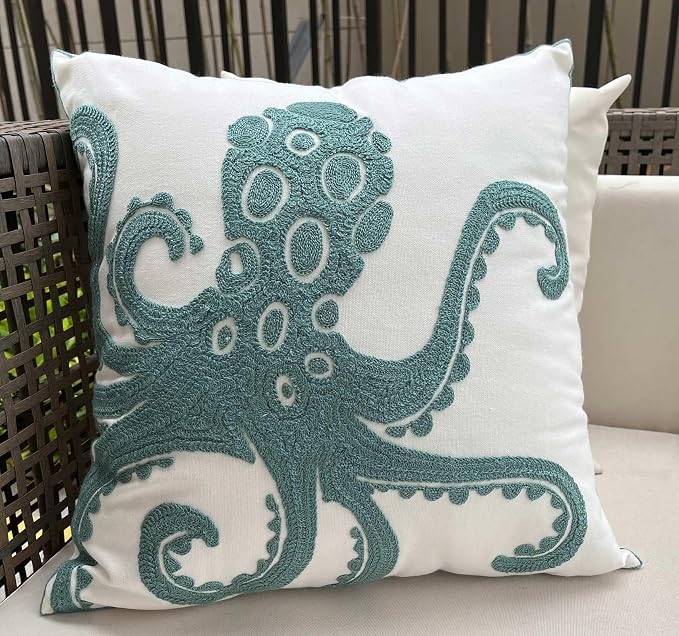 Embroidered Cute Nautical Animal Pillow Cover,Square 18 Inches Decorative Canvas Pillow Cover for Nautical Style Deco by (Seagreen-Octopus)