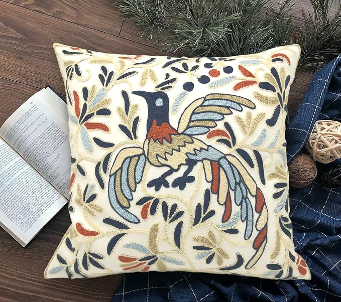 Alysheer Embroidered Decorative Throw Pillow Cover 18x18 inch, Lucky Bird Boho Embroidery Happy Knit Pattern Cotton Cushion Case for Sofa Couch Car Living Room Bedroom Garden Gifts(Ivory Navy)