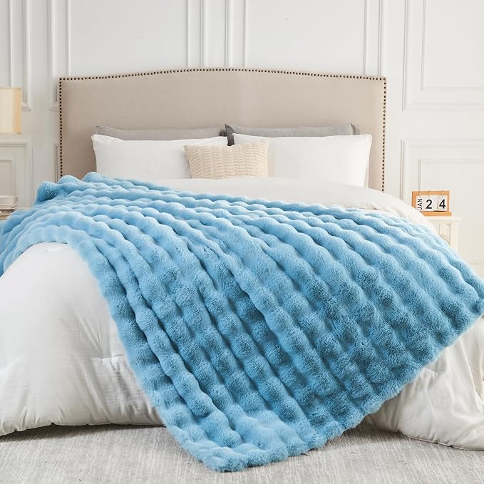 NEWCOSPLAY Faux Fur Thick Bubble Twin Blanket for Couch, Blue, 60"x80" | Luxury Fluffy Thick Warm Bubble Blanket for Couch Sofa Bed 1000GSM, Soft Plush Cozy Decorative Throw, Gift for Women Men