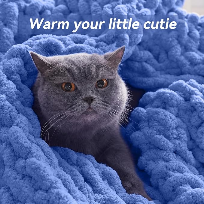 Negwoo Chunky Knit Throw Blanket, Knitted Throw Chenille Yarn, 80"*90" | Soft Thick Cable Knitted Blankets, Handmade Big Thick Blanket, Machine Washable Cute Comfy Blanket for Home Decor, Light blue