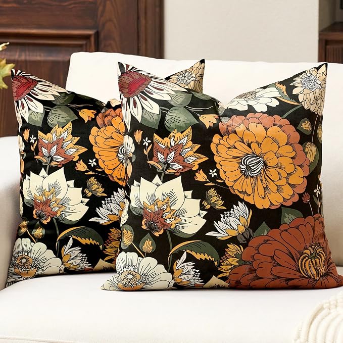 Tyrot Black Boho Floral Fall Velvet Throw Pillow Covers 16x16 Inch Set of 2 Farmhouse Cushion Covers Mid Century Modern Botanical Home Decor Pillow Cases for Couch Bed Sofa Living Room, Bedroom
