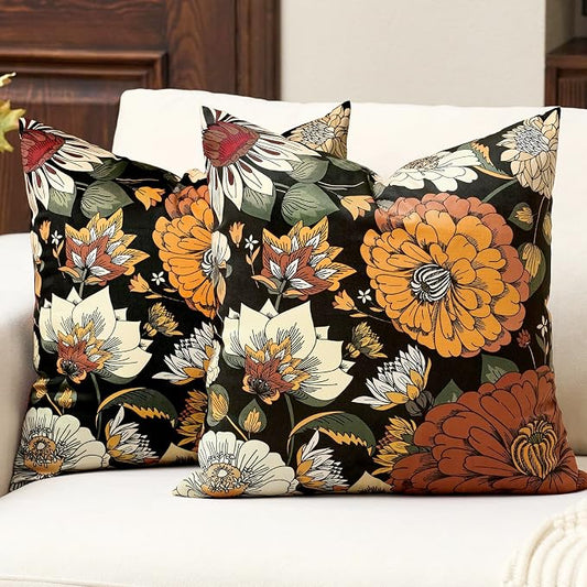 Tyrot Black Boho Floral Fall Velvet Throw Pillow Covers 16x16 Inch Set of 2 Farmhouse Cushion Covers Mid Century Modern Botanical Home Decor Pillow Cases for Couch Bed Sofa Living Room, Bedroom